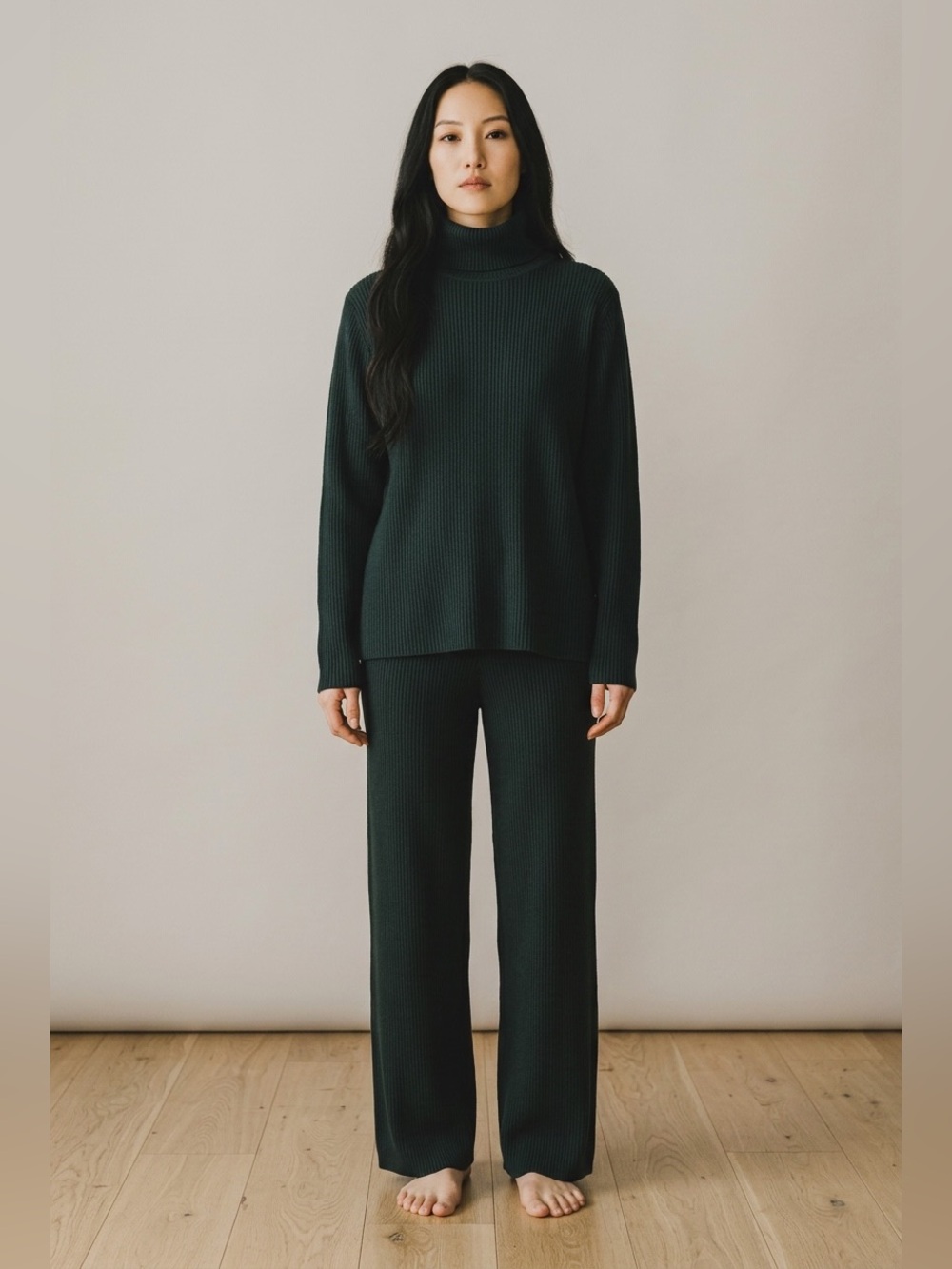 Eileen Fisher Wool ribbed emerald green roll turtleneck sweater old money luxury
